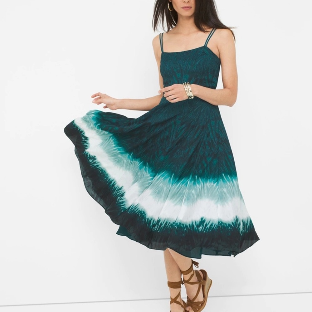 WHBM women’s Dip Dye Midi FinFur Dress sleeveless fit & flare teal / white SZ 10